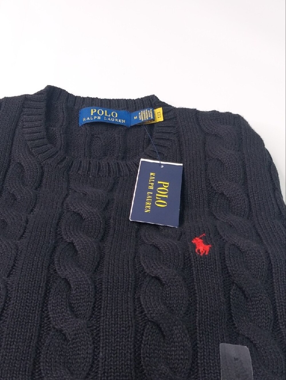 Polo by Ralph Lauren Black Cable Knit Crewneck Sweater with Red Pony - Picture 2 of 4